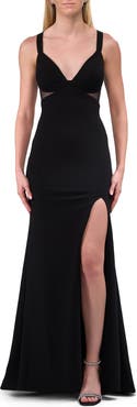 La Femme Long Evening Dress with Illusion Mesh Sides