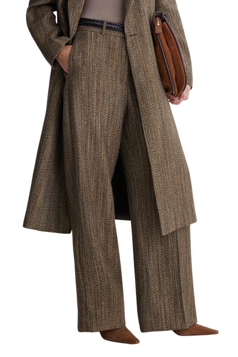 Inessa Herringbone Wide Leg Wool Blend Trousers, Main, color, BROWN