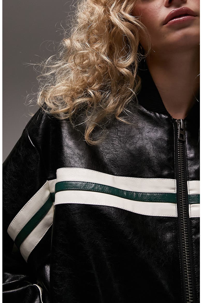 Stripe Faux Leather Bomber, Alternate, color, BLACK