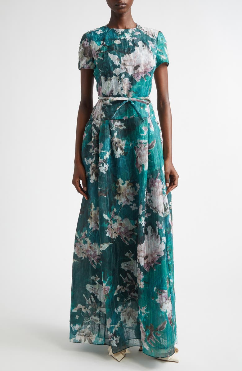 Erdem Painted Floral Crushed Organza Drop Waist Gown, Main, color, Painted Bloom Hedgerow Green