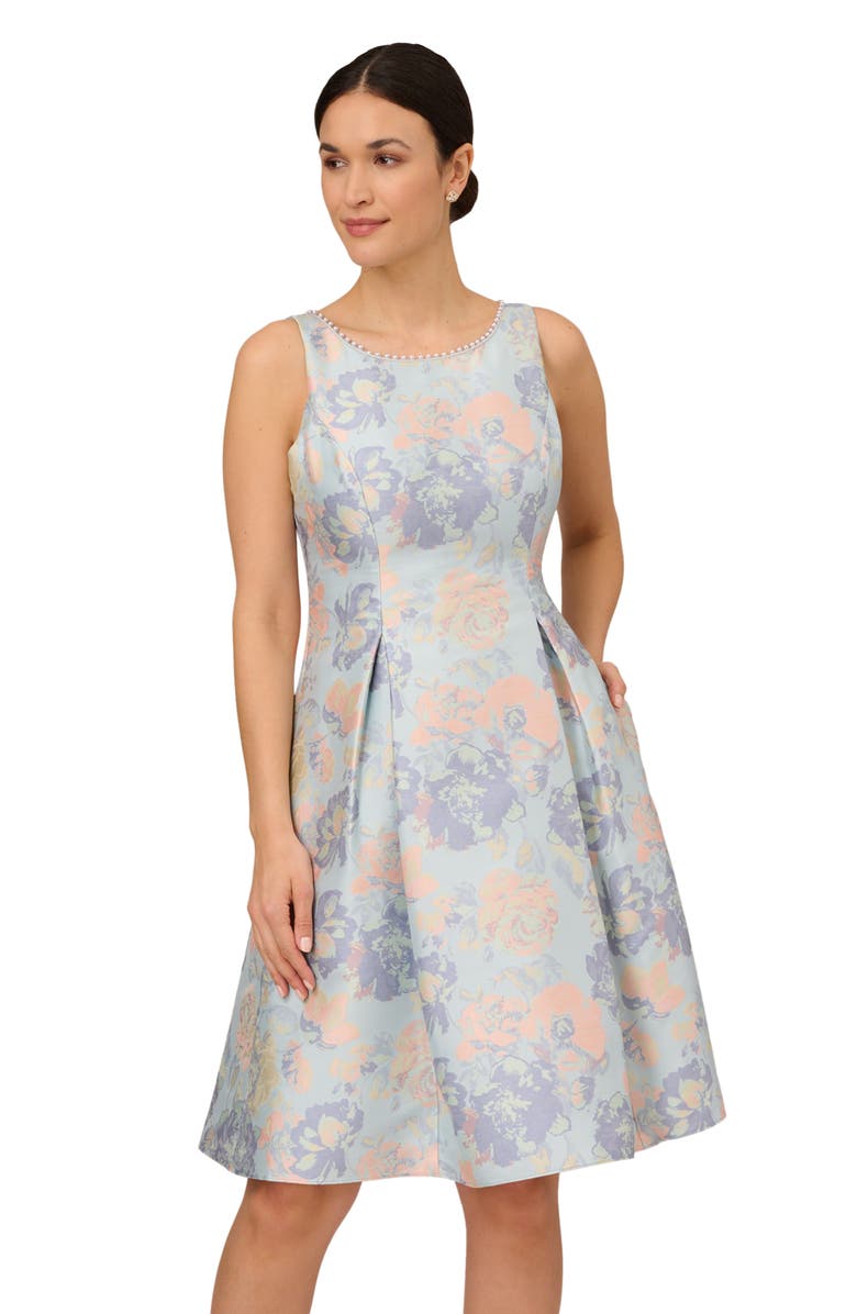 Adrianna Papell Floral Jacquard Imitation Pearl Detail Cocktail Dress, Alternate, color,