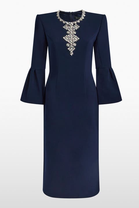 Margoni Bell-Sleeve Embellished Midi Dress