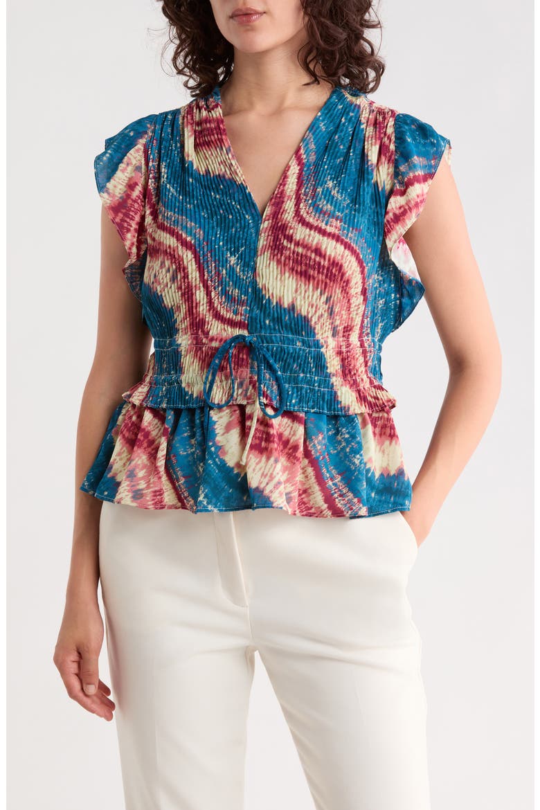 Tie Dye Cap Sleeve Peplum Top, Main, color, BLUES REDS