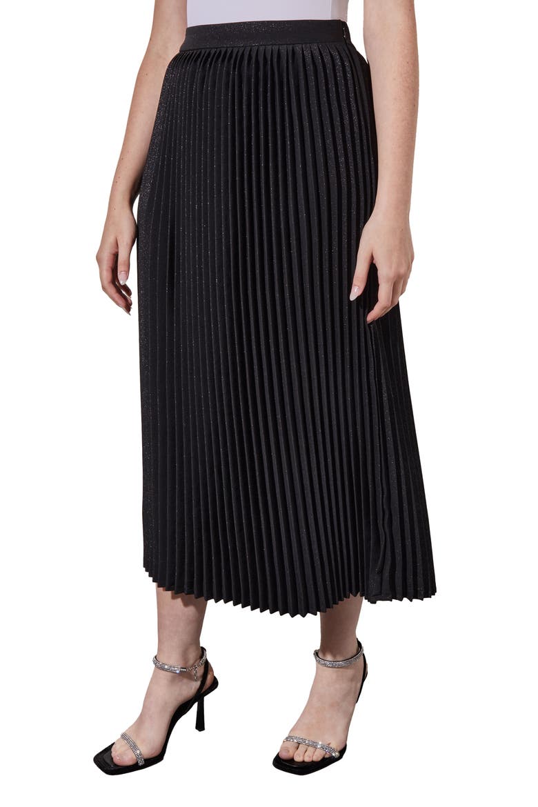 Pleated Metallic Shimmer Midi Skirt, Alternate, color, BLACK/ SILVER