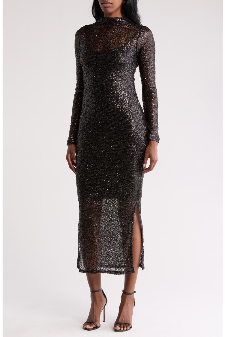 Blakely Long Sleeve Sequin Mesh Maxi Dress, Main, color, BLACK