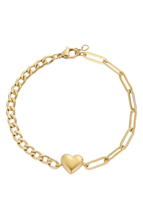 18K Gold Plated Heart Mixed Link Bracelet