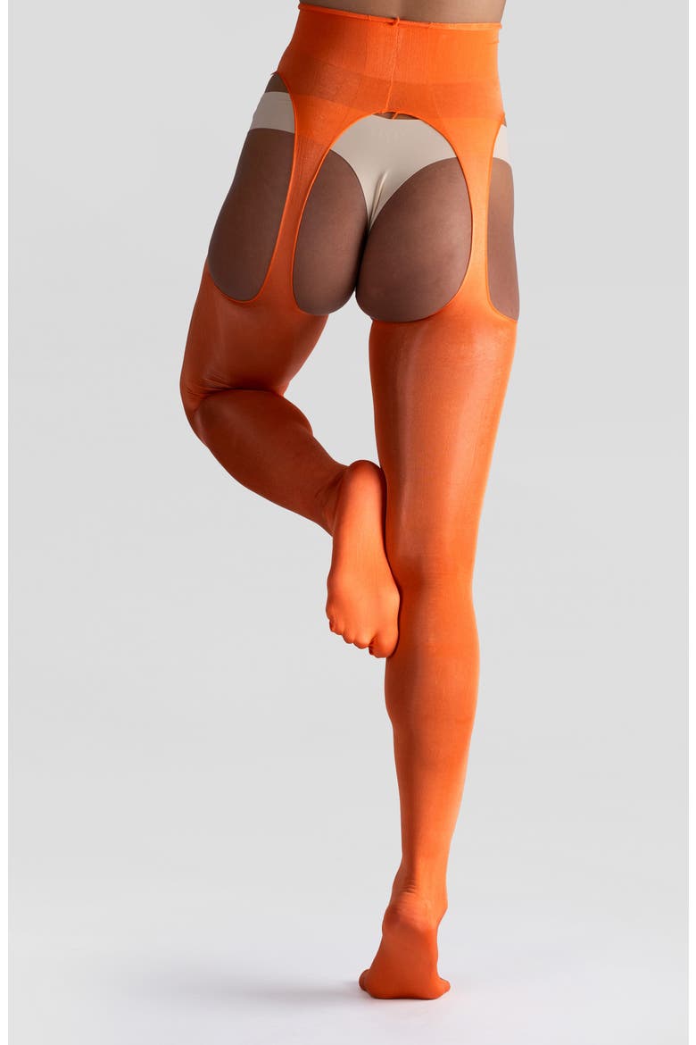 Lustrous Silky Shiny Sheer Suspender Crotchless Tights, Alternate, color, ORANGE