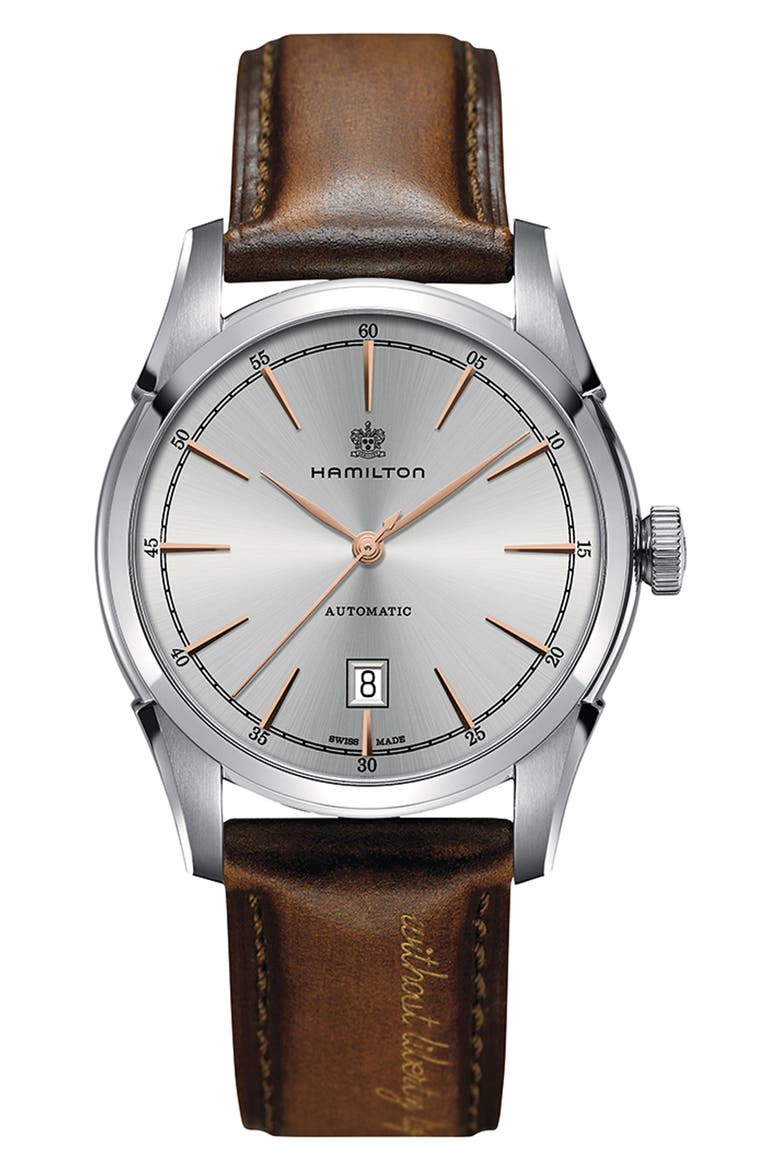 American Classic Automatic Leather Strap Watch, 42mm, Main, color, BROWN/ SILVER