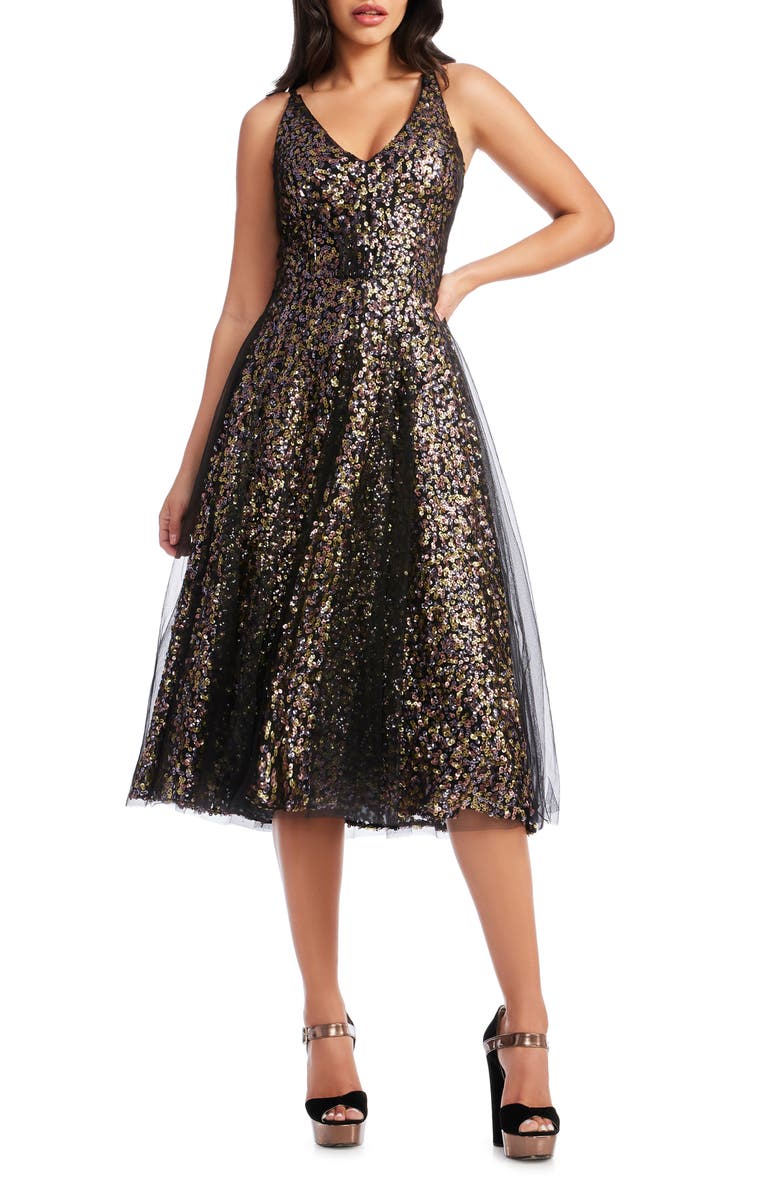 Dress the Population Courtney Sequin Midi Dress, Main, color, Pewter Multi