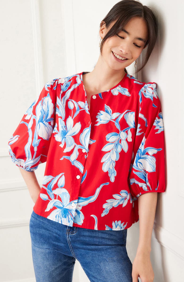 Karen Kane Floral Print Puff Sleeve Cotton Button-Up Shirt, Alternate, color, Red Print