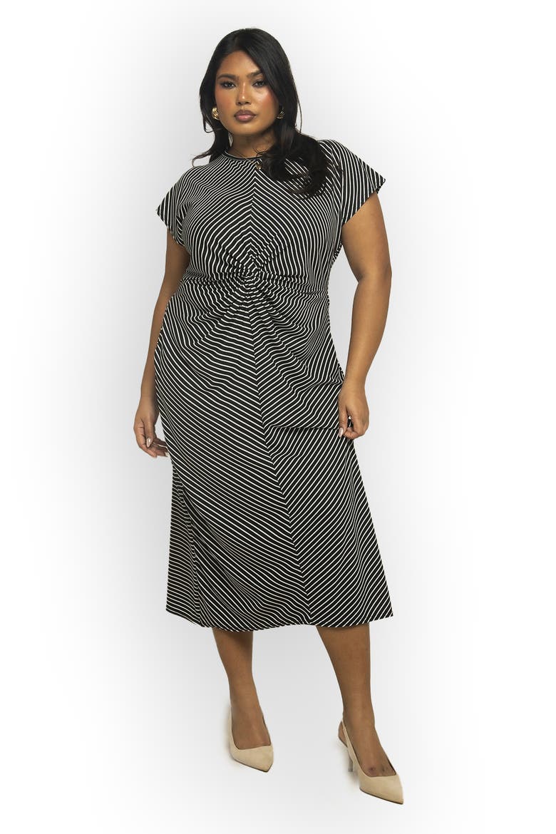 Cinched Striped Print Midi Dress, Main, color, Black