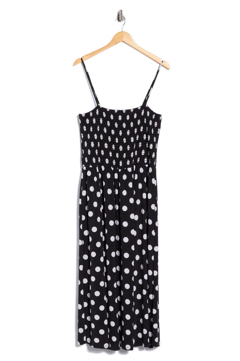 Smocked Bodice Midi Dress, Alternate, color, BK WHT DOT
