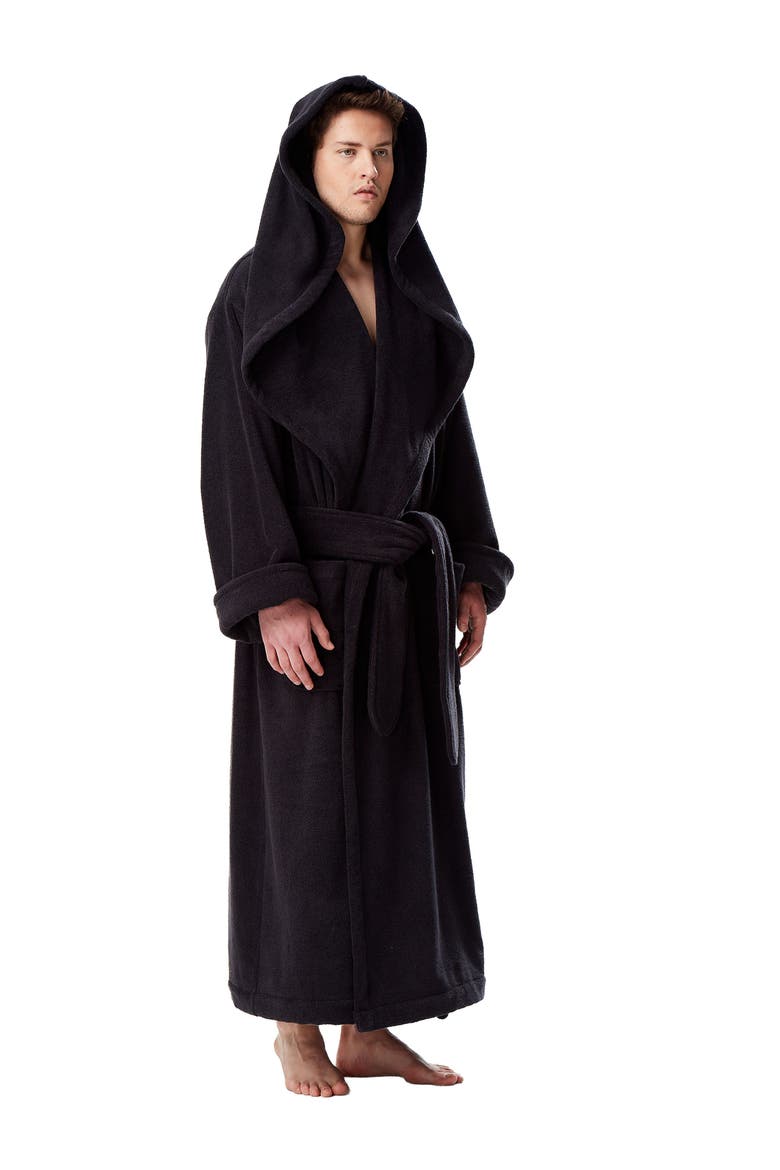 Men's Monk Style Full Length Long Terry Cotton Bathrobe, Alternate, color, Black