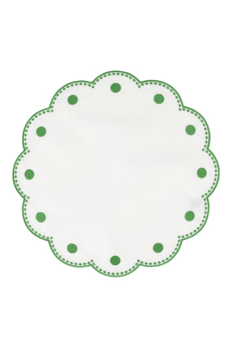 Tessuti Set of 4 Round White Linen Placemats with Green Dot Embroidery, Main, color, GREEN