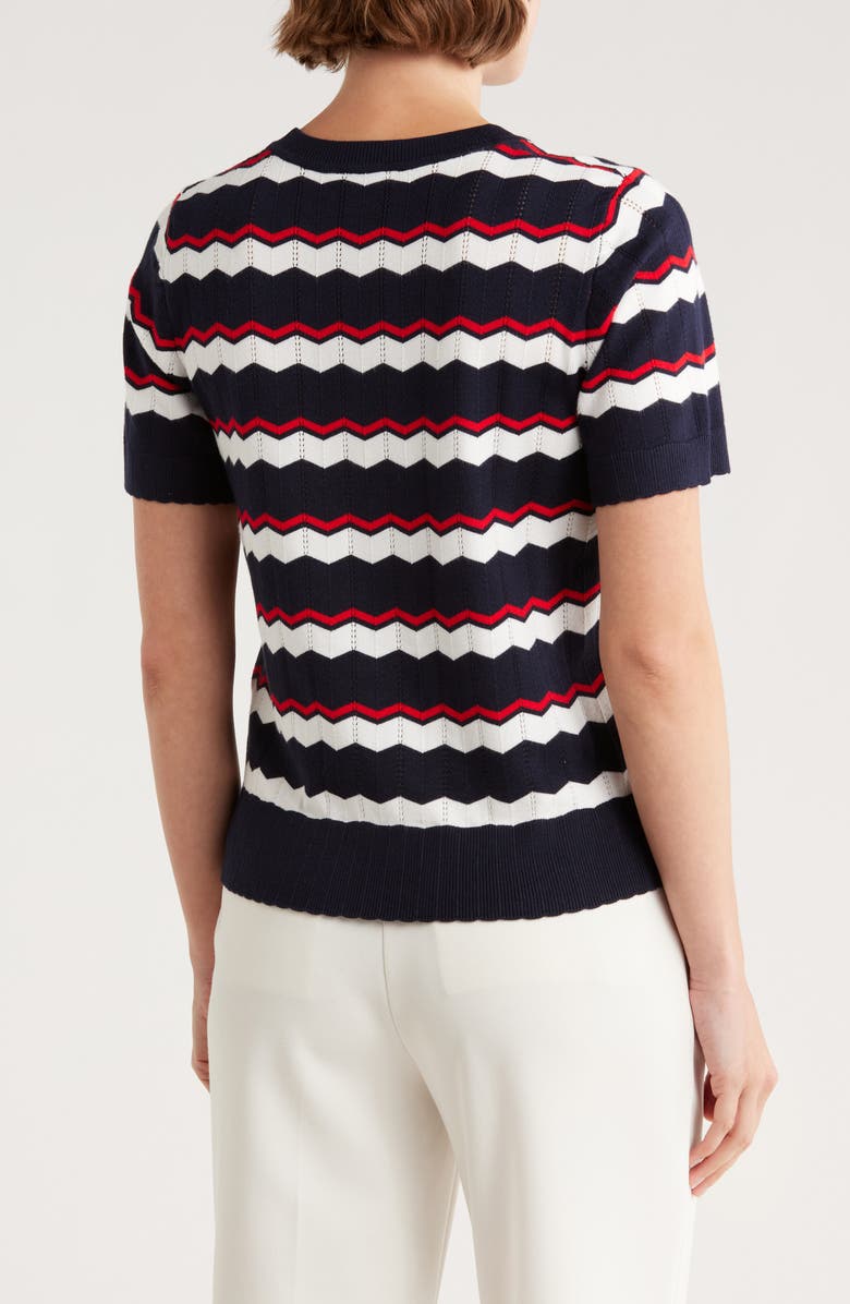 Adrianna Papell Wavy Stripe Pointelle Short Sleeve Sweater, Alternate, color, Navy/ Ivory/ Red