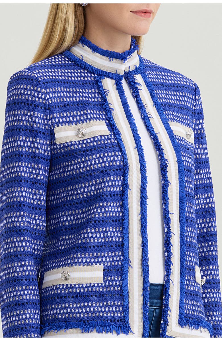 Ming Wang Heritage Ribbon Fringe Trim Knit Jacket, Alternate, color, Sapphire Sea/Limestone