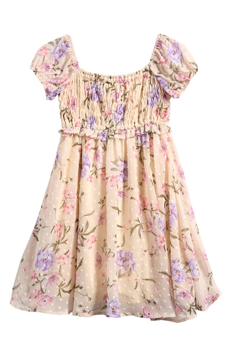 Ava & Yelly Kids' Smocked Puff Sleeve Party Dress, Alternate, color, Ivory Multi