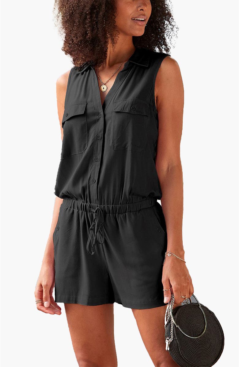 LASCANA Women's Sleeveless Drawstring Romper, Main, color, Black