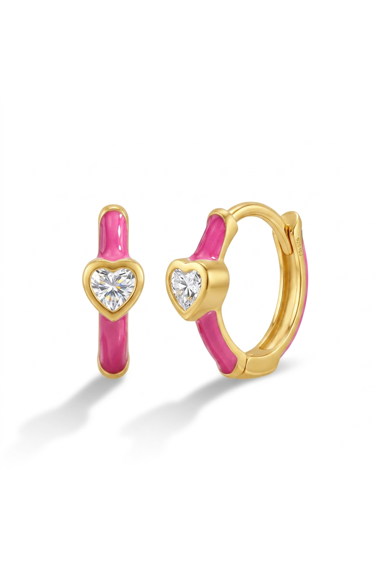 CZ Bezel Heart Plated Hoop Earrings, Main, color, Pink
