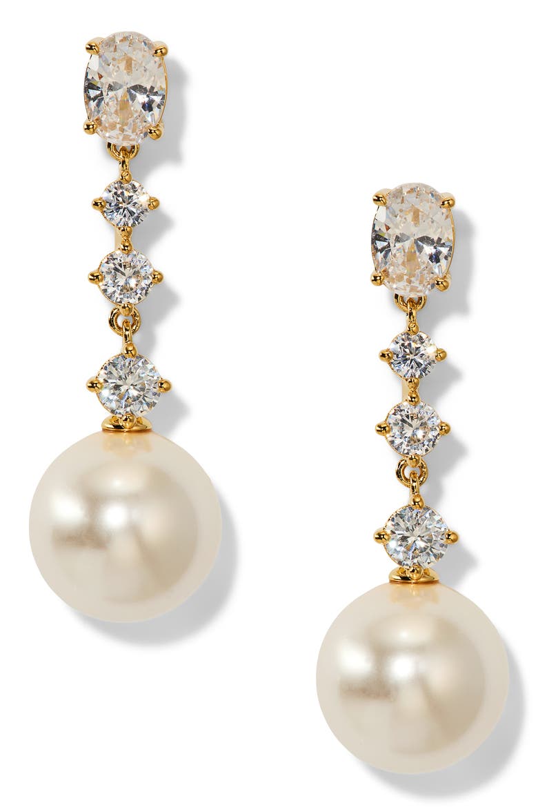 Imitation Pearl Cubic Zirconia Linear Drop Earrings, Main, color, GOLD