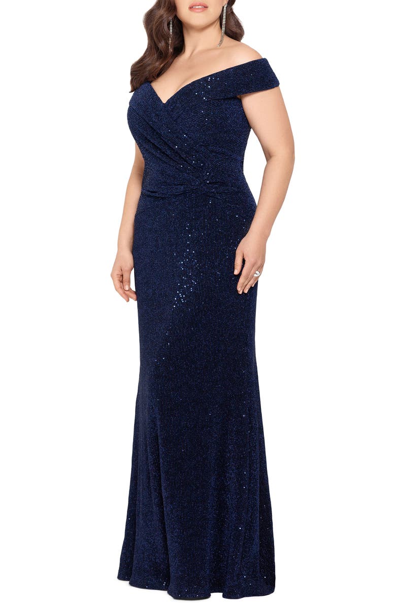 Xscape Evenings Xscape Off the Shoulder Metallic Gown, Alternate, color,