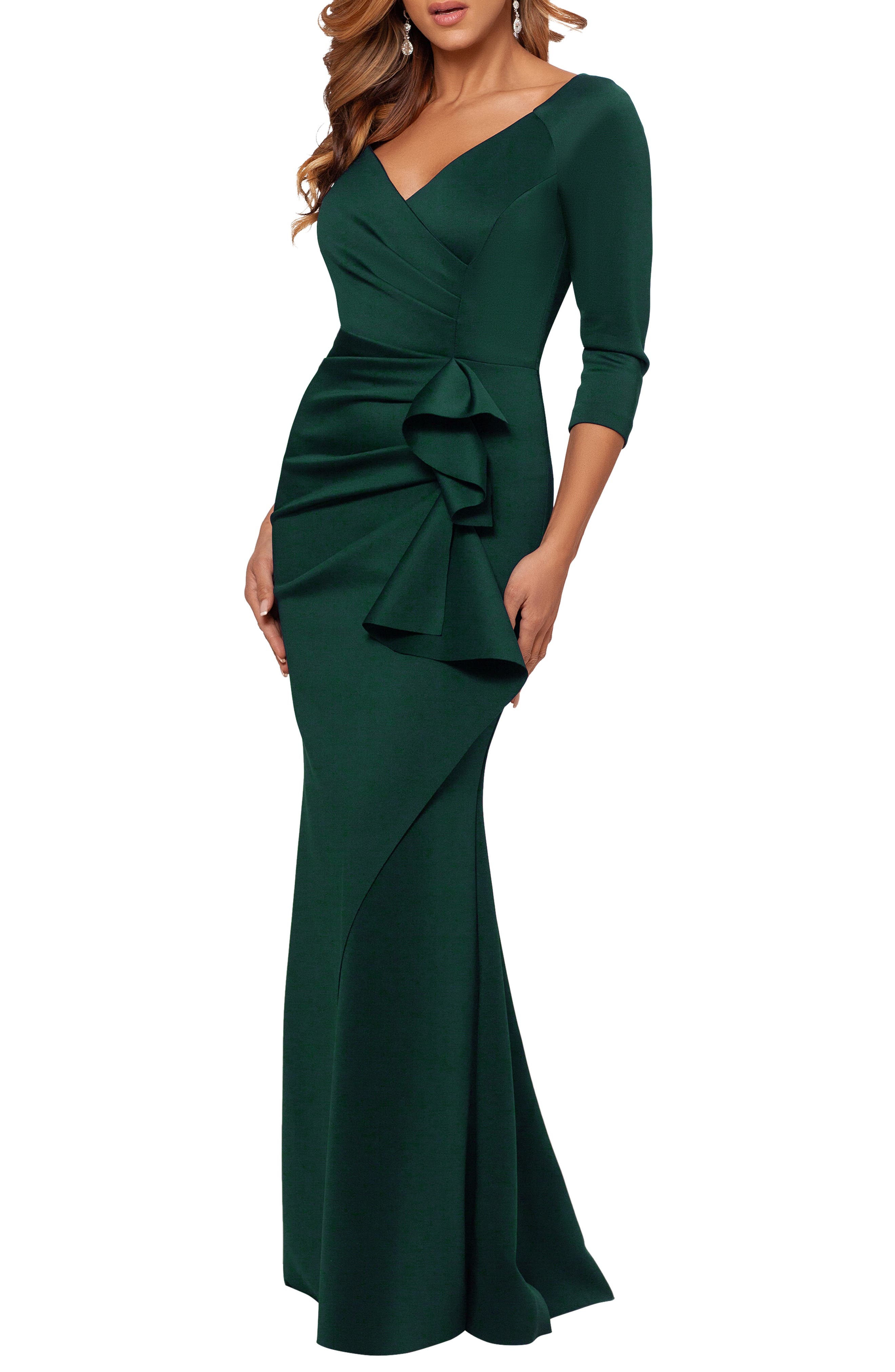 Ruched Scuba Knit Ruffle Gown
