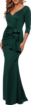 Xscape Evenings Ruched Scuba Knit Ruffle Gown