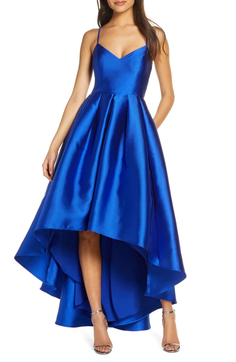 Eliza J Pleated Mikado High/Low Ballgown, Main, color,