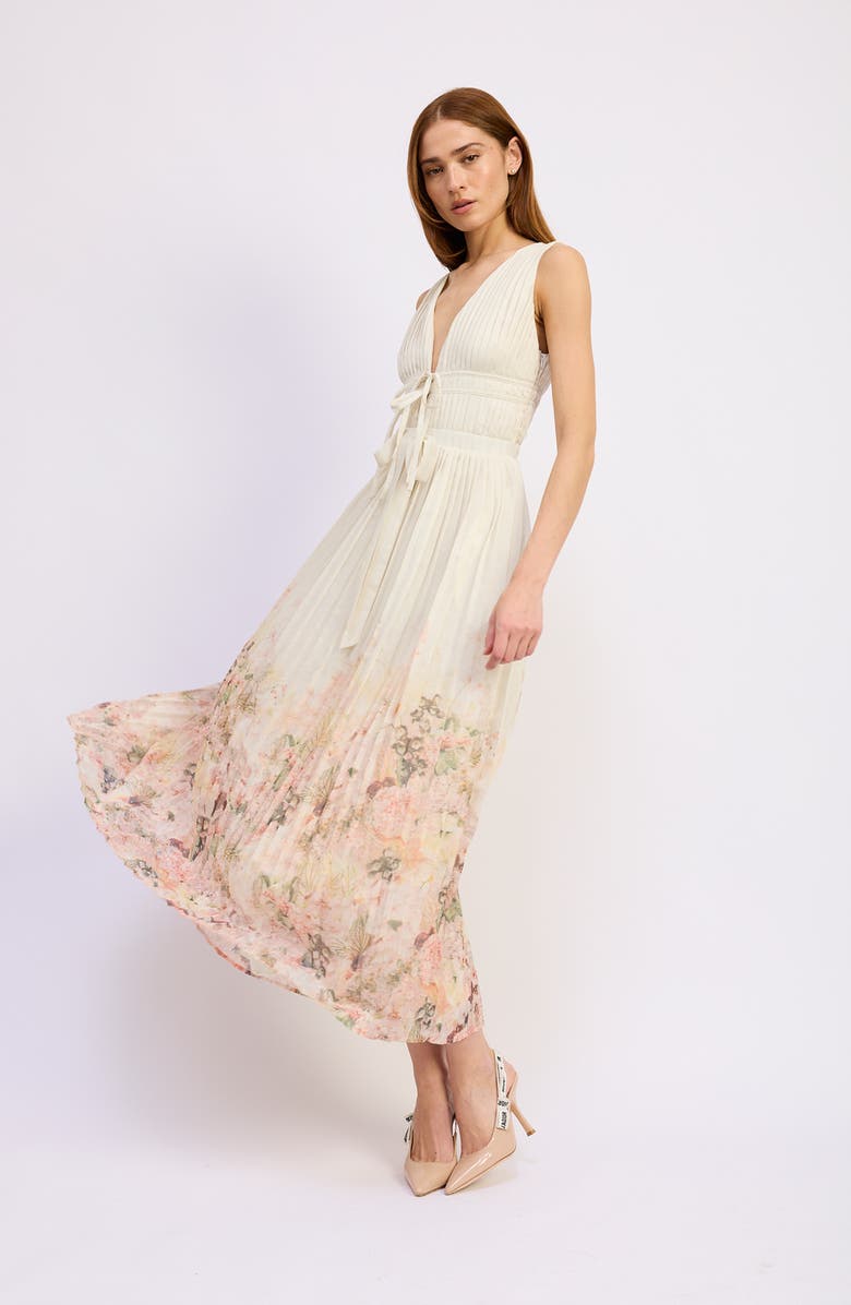 En Saison Pleated Tie Front Maxi Dress, Alternate, color, Ivory Blush Orchid