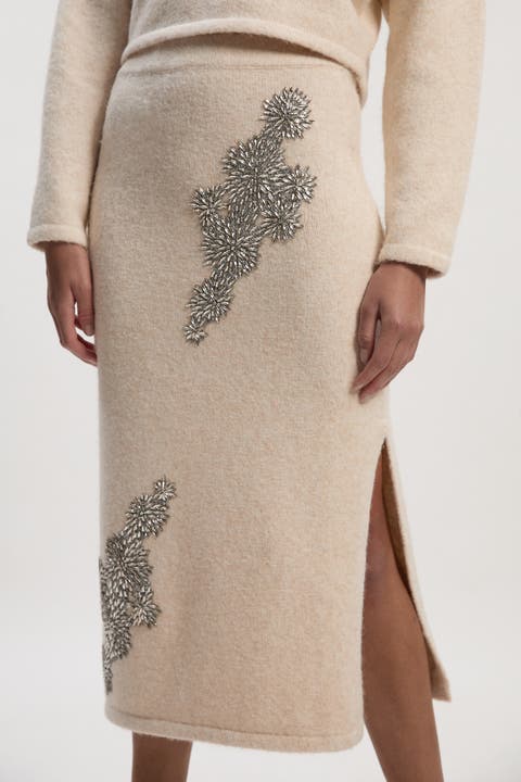 Wool Embellished Pencil Midi Skirt