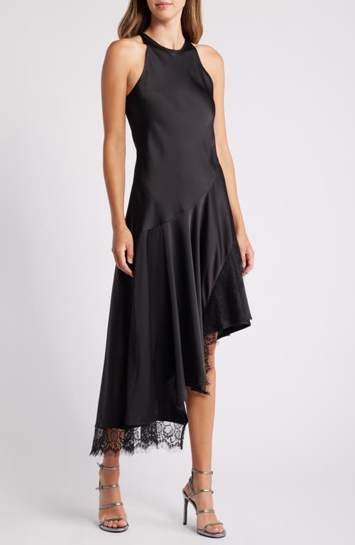 MELLODAY Lace Trim Asymmetric Hem Satin Dress in Black 