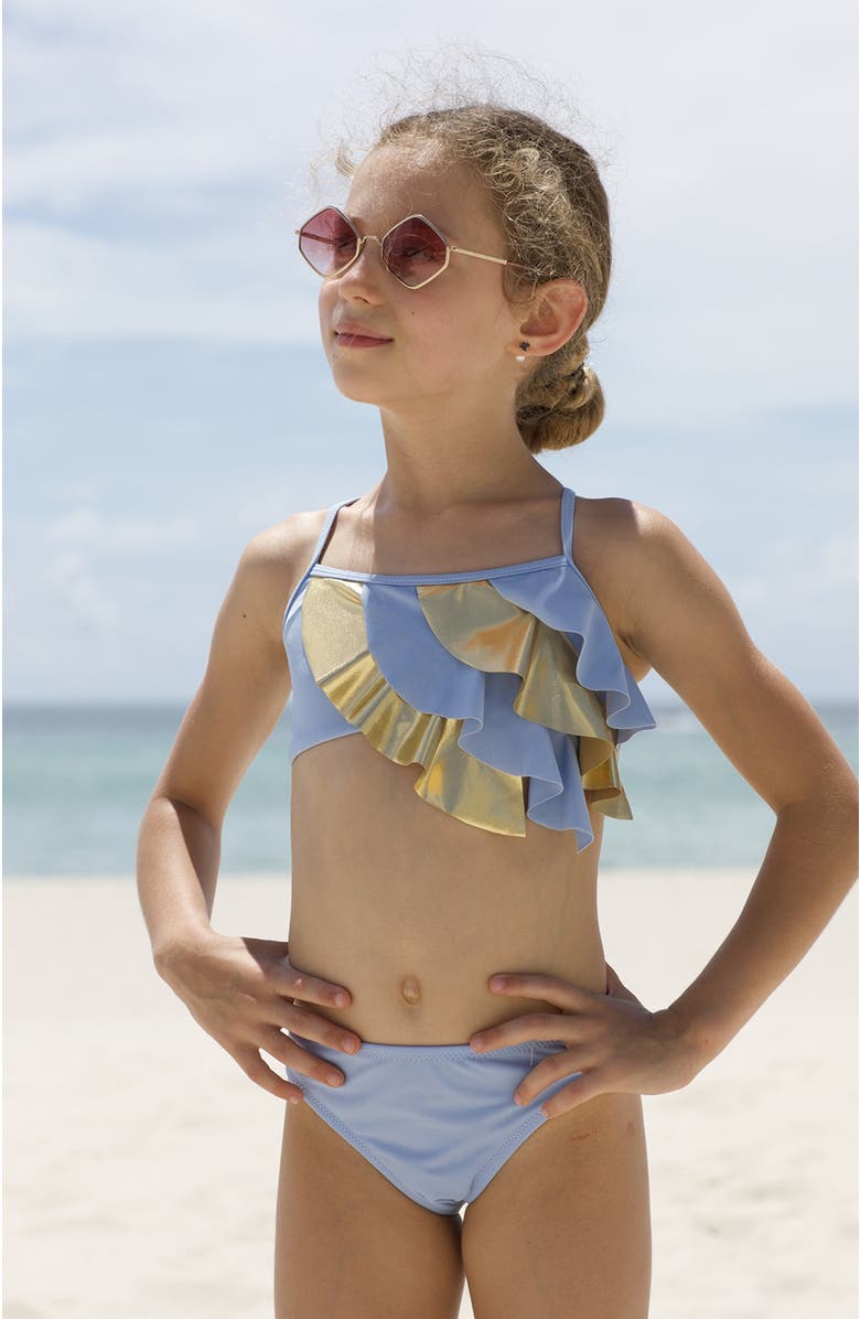 NESSI BYRD Kids' Multi-Layered Gold Detail Ruffle Two-Piece Bikini, Alternate, color, Blue