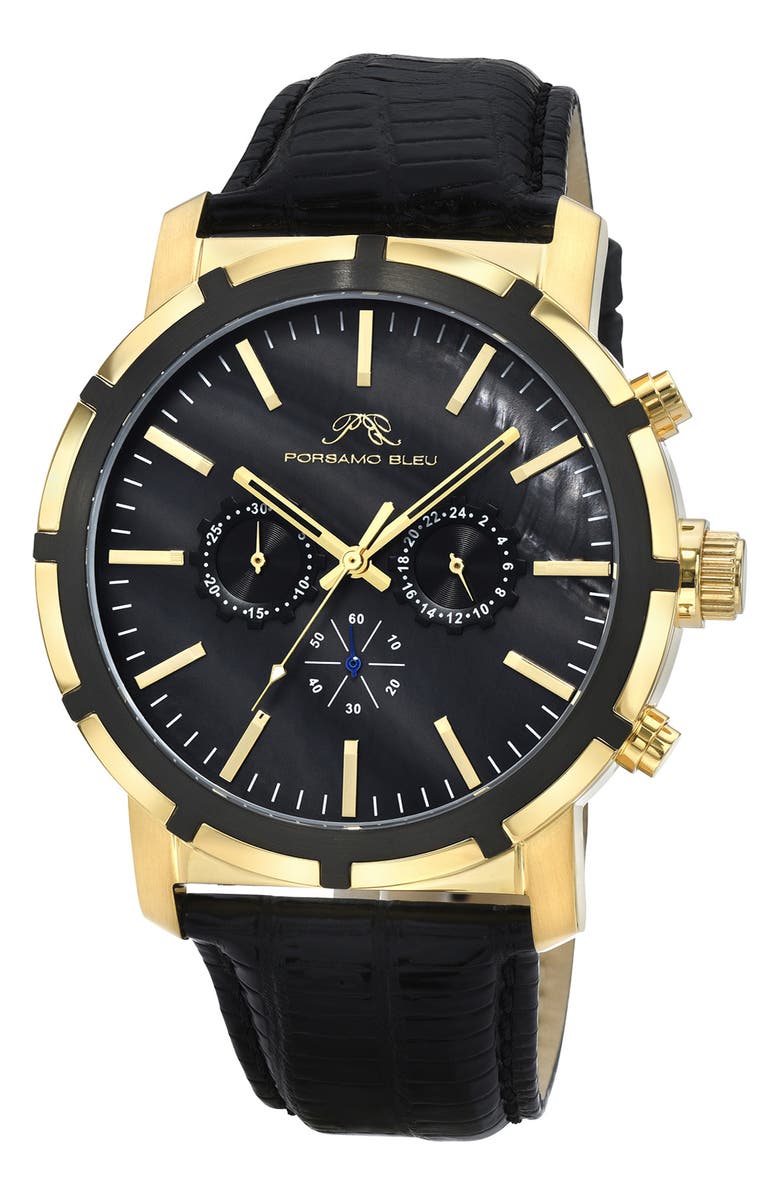 PORSAMO BLEU NYC Chronograph Leather Strap Watch, 38mm, Main, color, Black