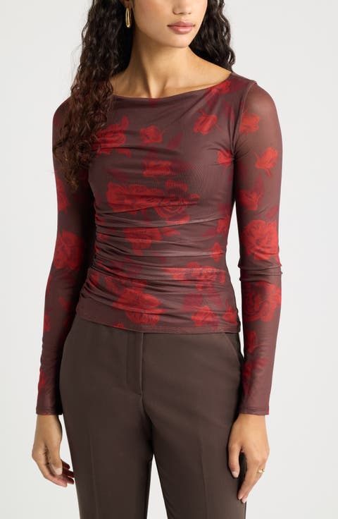 Ruched Long Sleeve Mesh Top