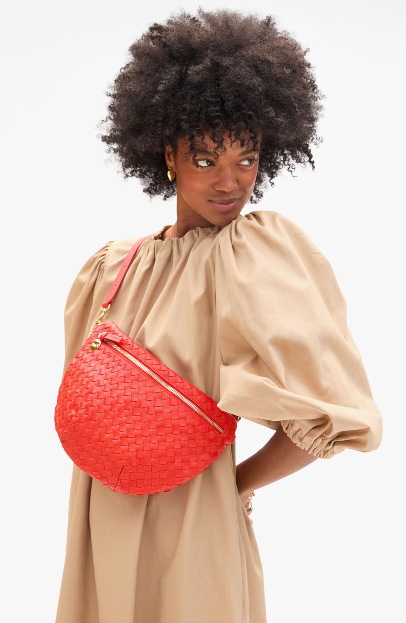 Clare V. Grande Woven Leather Belt Bag, Alternate, color, Bright Poppy