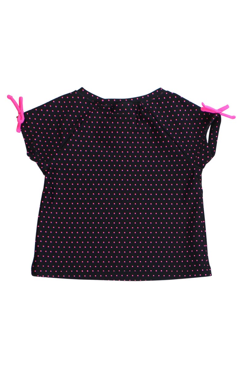 RuffleButts UPF50 Active Raglan Bow Shirt, Alternate, color, Black & Neon Magenta Tiny Dots