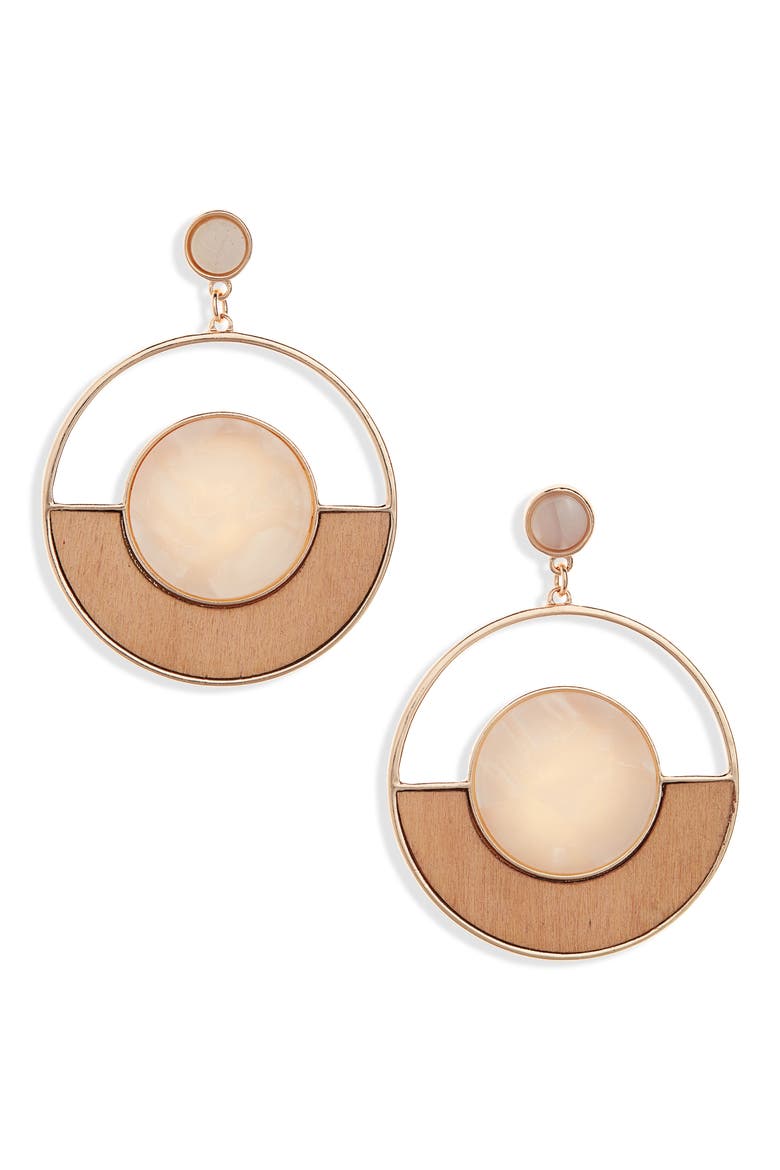 Wood & Resin Frontal Hoop Earrings, Main, color, TAN- GOLD