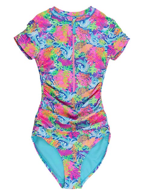 UPF50+ Sun Protected Women's Quarter Zip Short Sleeve One Piece Rash Guard Swimsuit