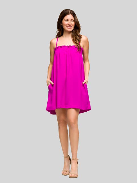 Square Neck Spaghetti Strap Smocked Pocket Mini Dress