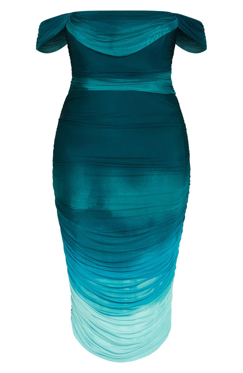 City Chic Ombré Ruched Square Neck Cap Sleeve Dress, Alternate, color, Sea Ombre