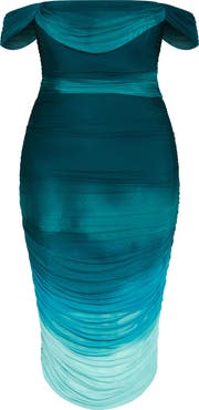 City Chic Ombré Ruched Square Neck Cap Sleeve Dress