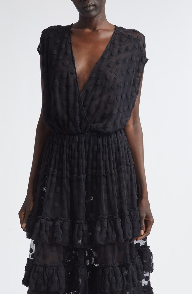 Dries Van Noten Tiered Ruffle Polka Dot Mesh Dress, Alternate, color, Black