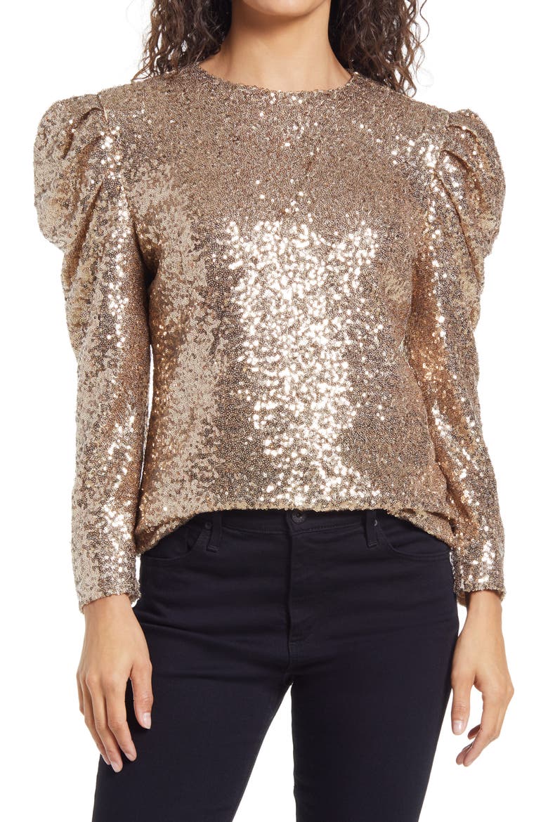 Rachel Parcel Sequin Puff Shoulder Top, Main, color, GOLD