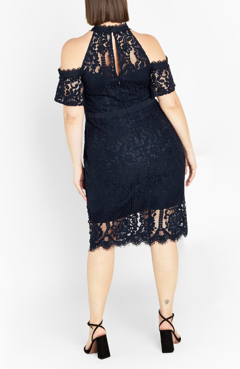 City Chic Pippa Cutout Lace Overlay Cocktail Midi Dress, Alternate, color, Navy