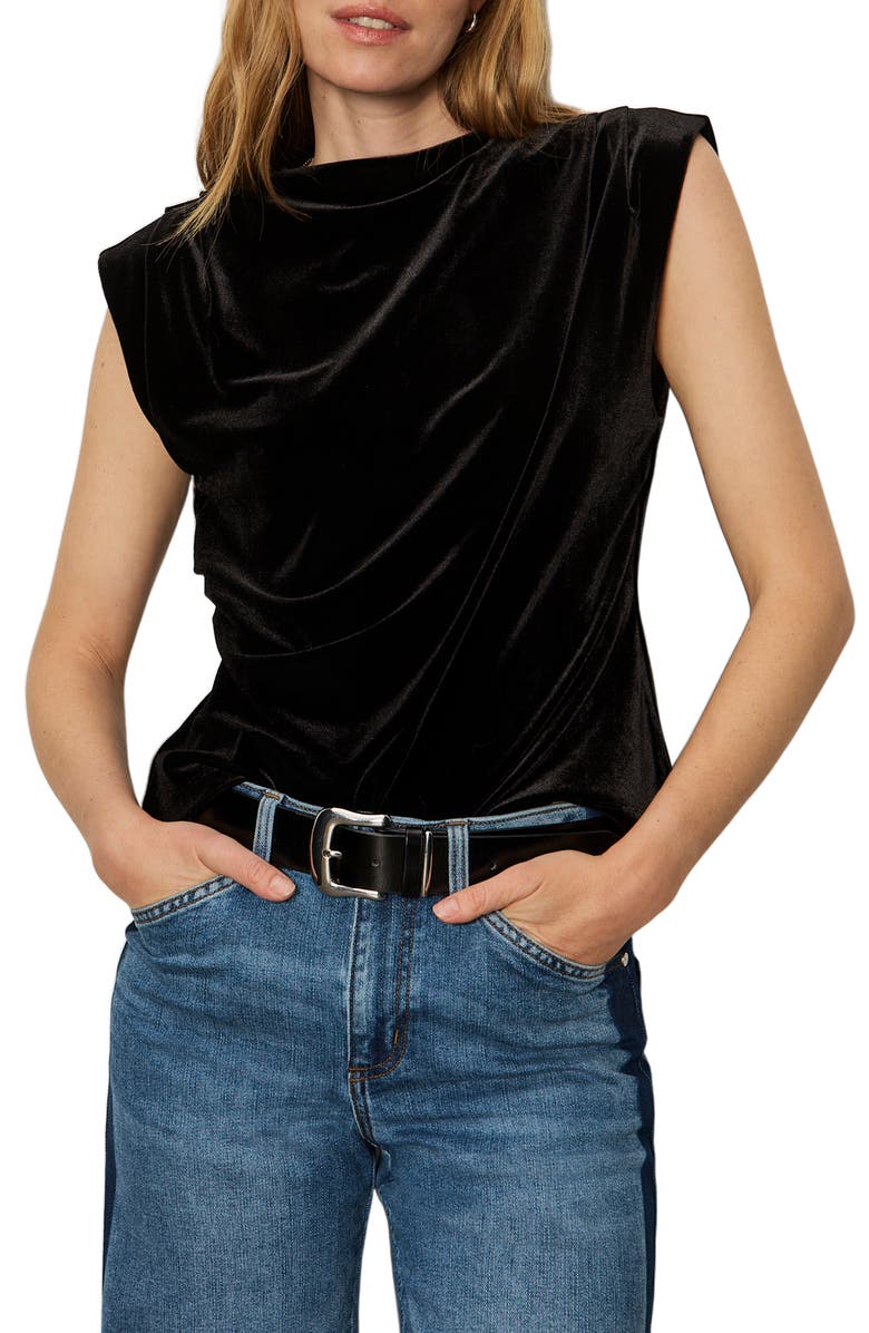 Sanctuary Pleated Sleeve Side Ruched Velvet Top, Alternate, color, Black