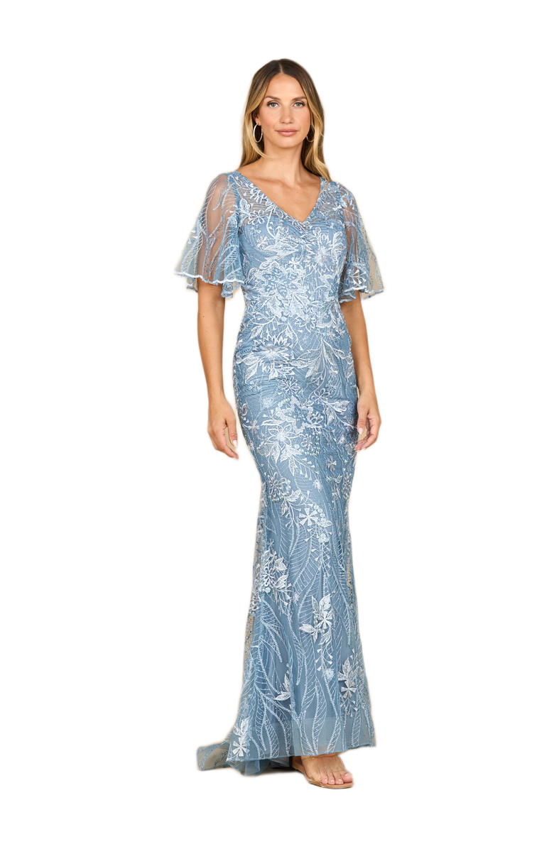 LARA New York Overskirt Lace Fitted V-Neck Gown with Cape Sleeves, Alternate, color, Blue