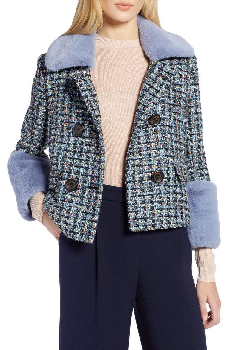 x Atlantic-Pacific Tweed Jacket with Removable Faux Fur Trim, Main, color, BLACK MULTI TWEED