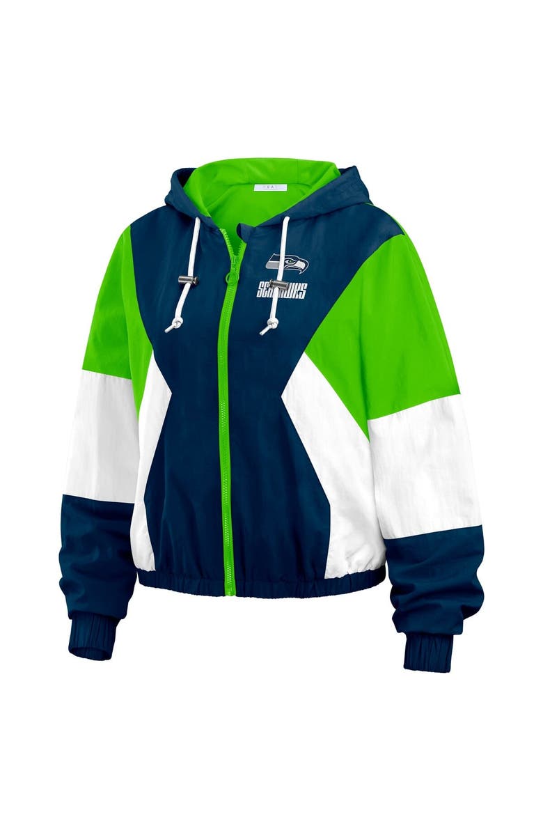 WEAR by Erin Andrews Women's WEAR by Erin Andrews College Navy/Neon Green Seattle Seahawks Plus Size Color Block Full-Zip Windbreaker Jacket, Alternate, color, Navy