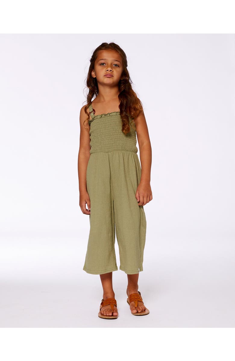 Deux par Deux Little Girl's Smocked Crinkle Jersey Jumpsuit Olive Green, Alternate, color, Olive Green