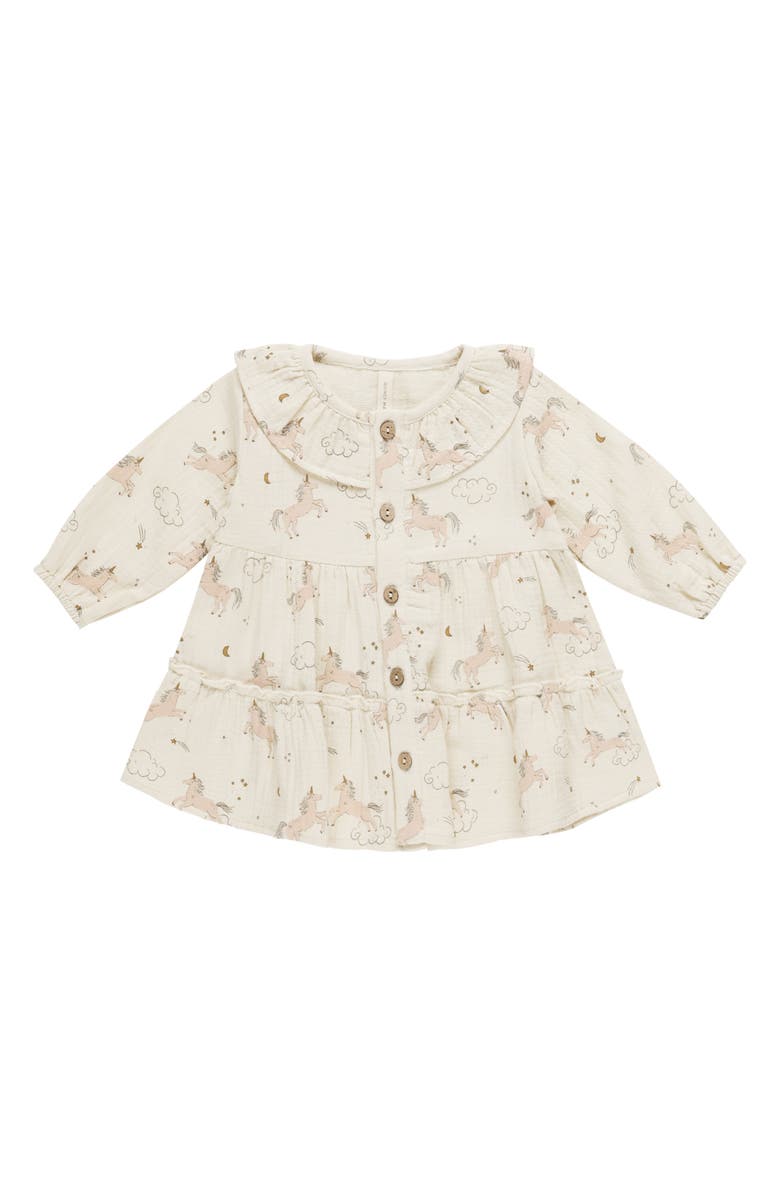 QUINCY MAE Ruffle Long Sleeve Organic Cotton Dress, Main, color, Natural